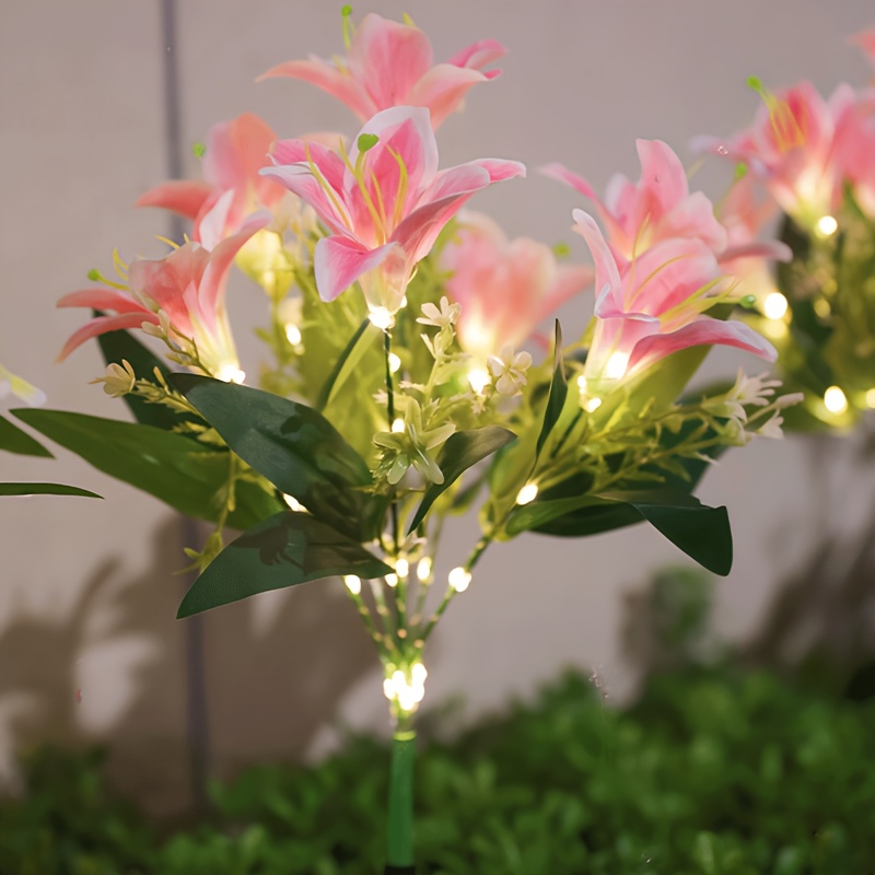 Outdoor Lighting Effects - Multi-Bloom Pink Lily Solar Garden Stake